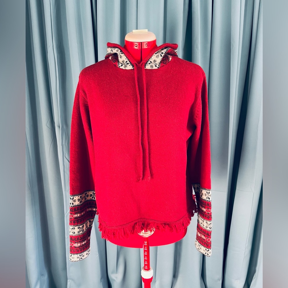 Eddie Bauer vintage hooded lambswool sweater with fringe hem